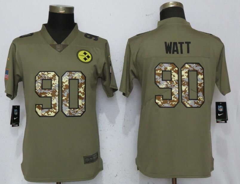 Women Pittsburgh Steelers #90 Watt Olive Camo Carson Nike Salute to Service Player NFL Jerseys->women nfl jersey->Women Jersey